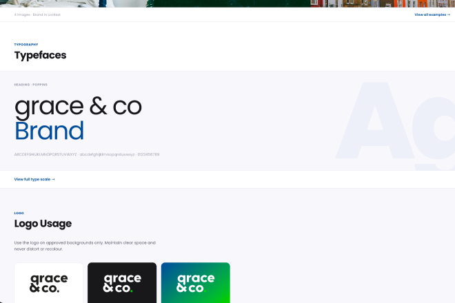 Grace & Co brand portal example showing brand guidelines, typefaces, logos, and usage guidance