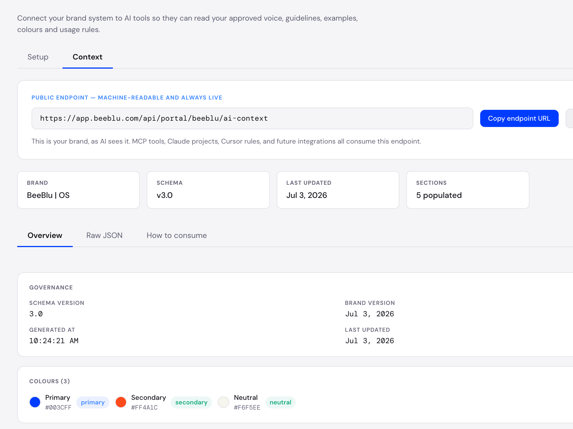 BeeBlu AI and MCP access screen with a public machine-readable brand context endpoint and structured brand data.