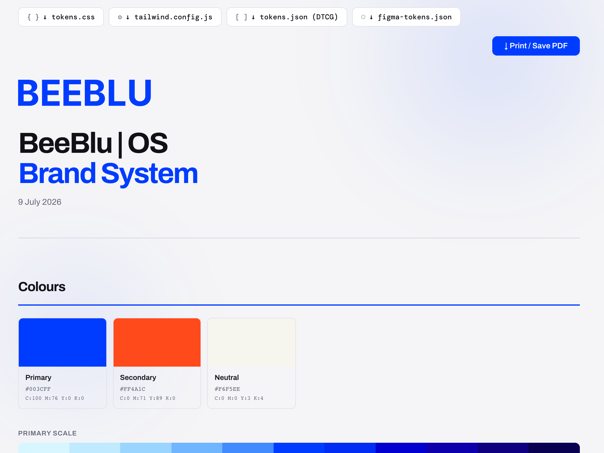 BeeBlu export screen with downloadable CSS, Tailwind config, DTCG JSON and Figma token files.