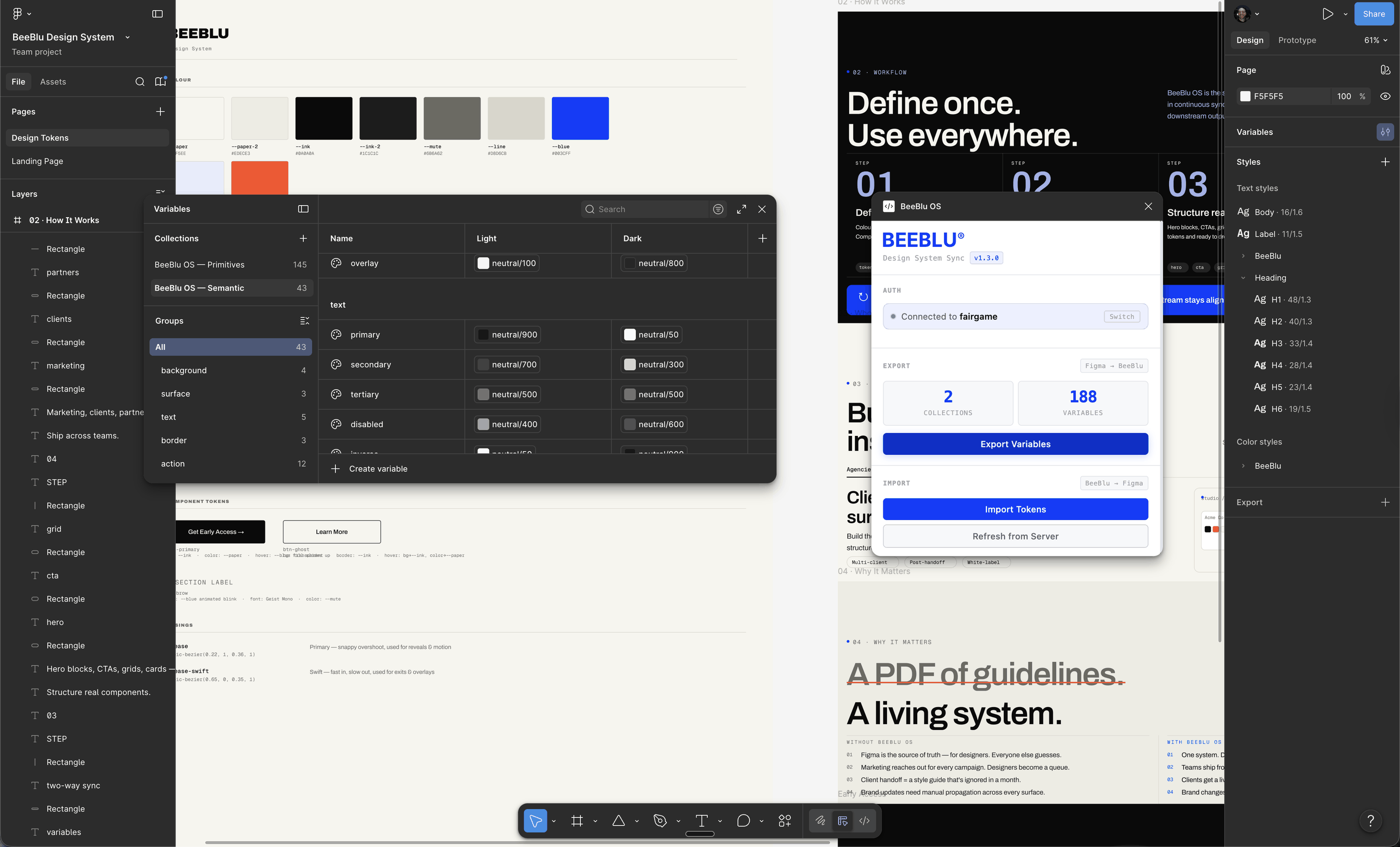 BeeBlu Figma plugin syncing colour variables and styles inside Figma.