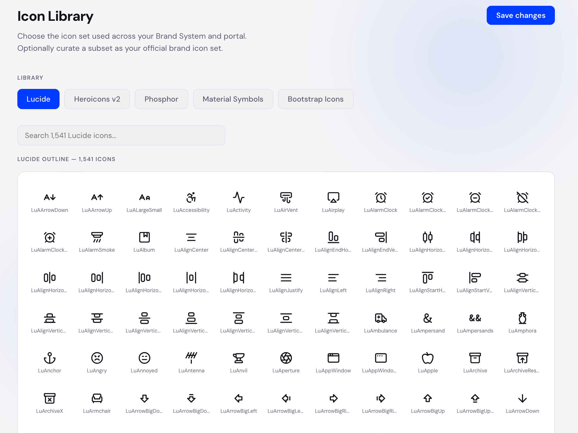 BeeBlu icon library with selectable icon sets and a searchable grid of named, consistently sized icons.
