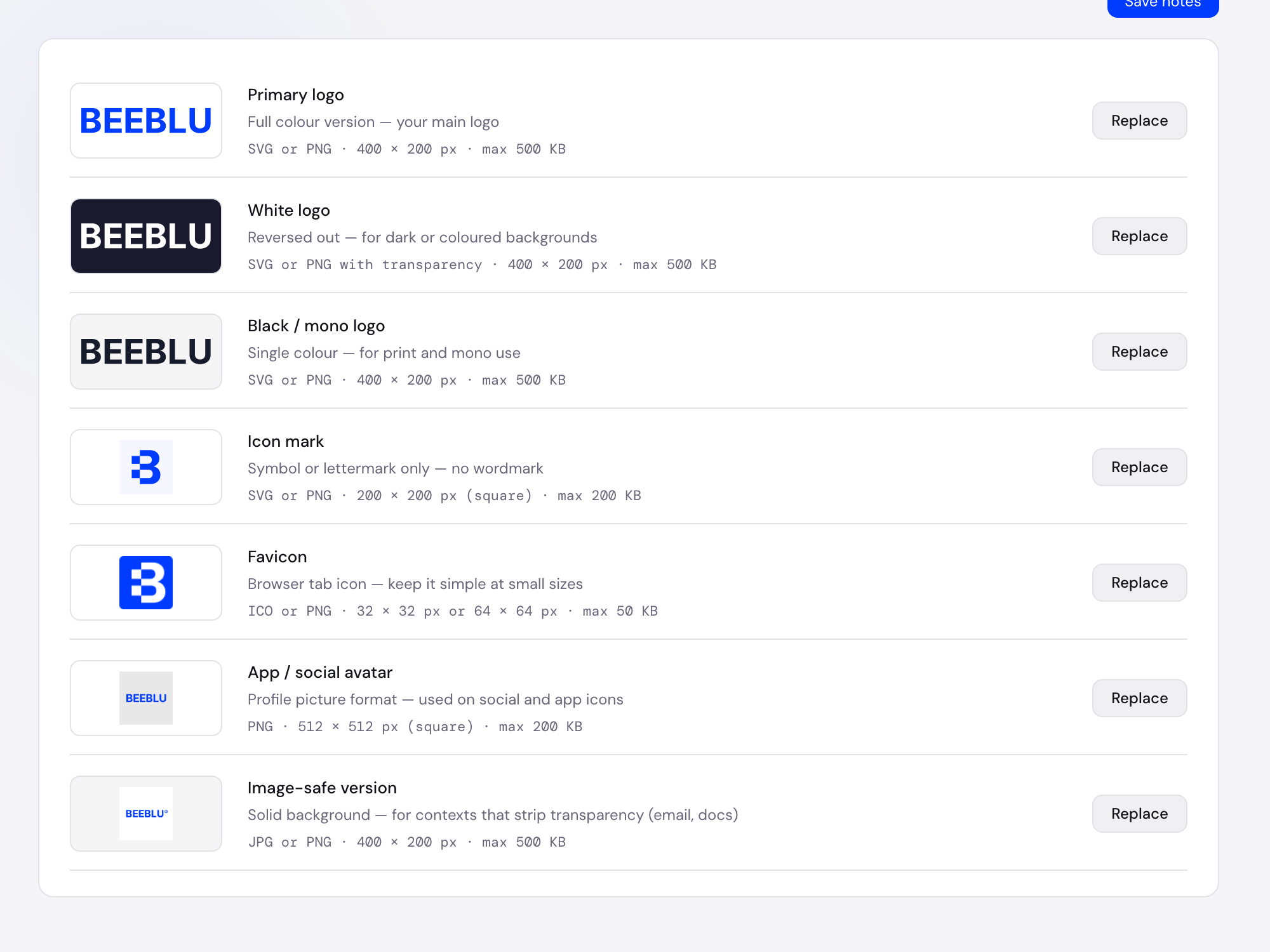 BeeBlu logo management with primary, white, mono, icon mark and favicon variants previewed on light and dark backgrounds.