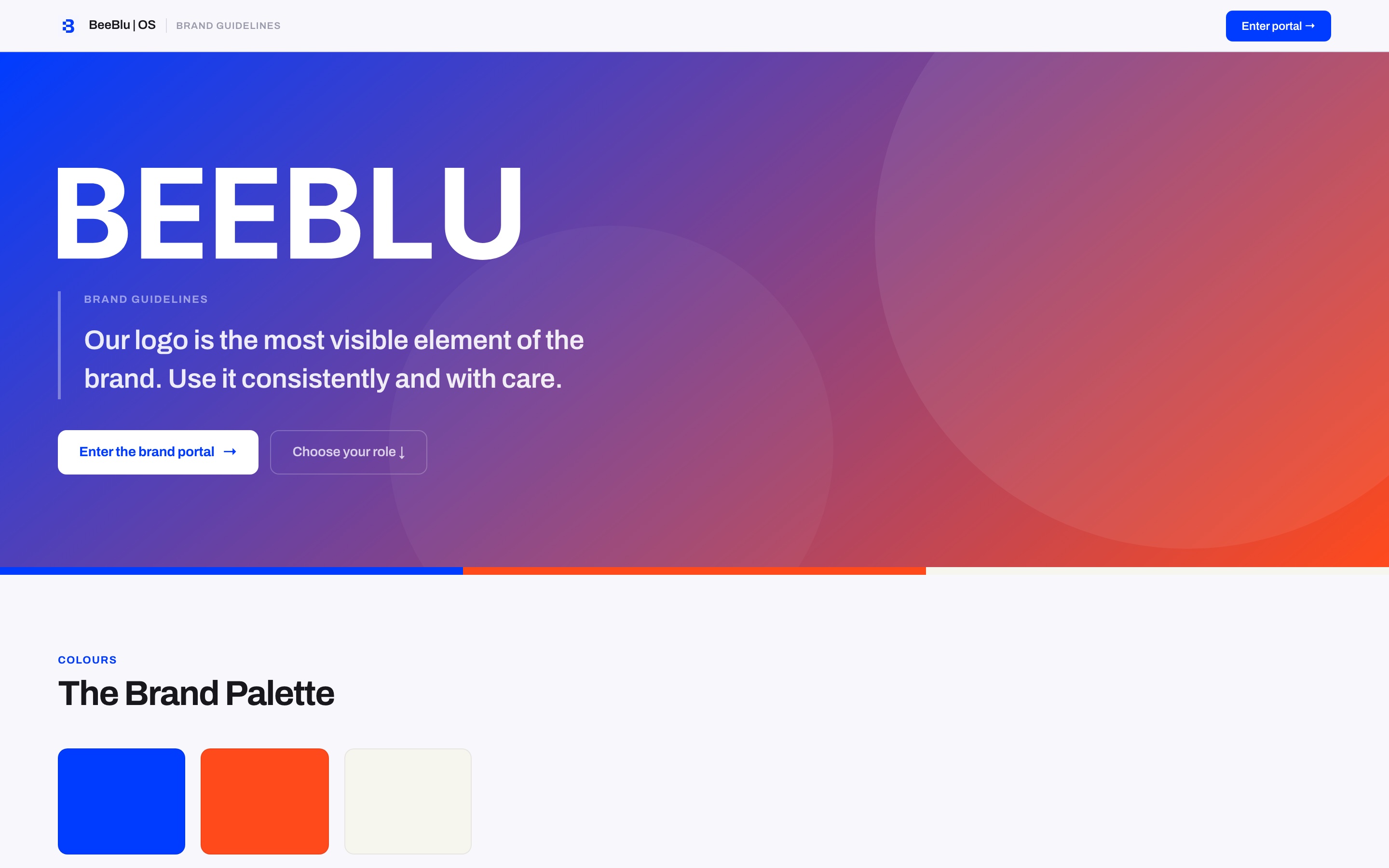 The live public BeeBlu brand portal showing brand guidelines, hero and brand palette.
