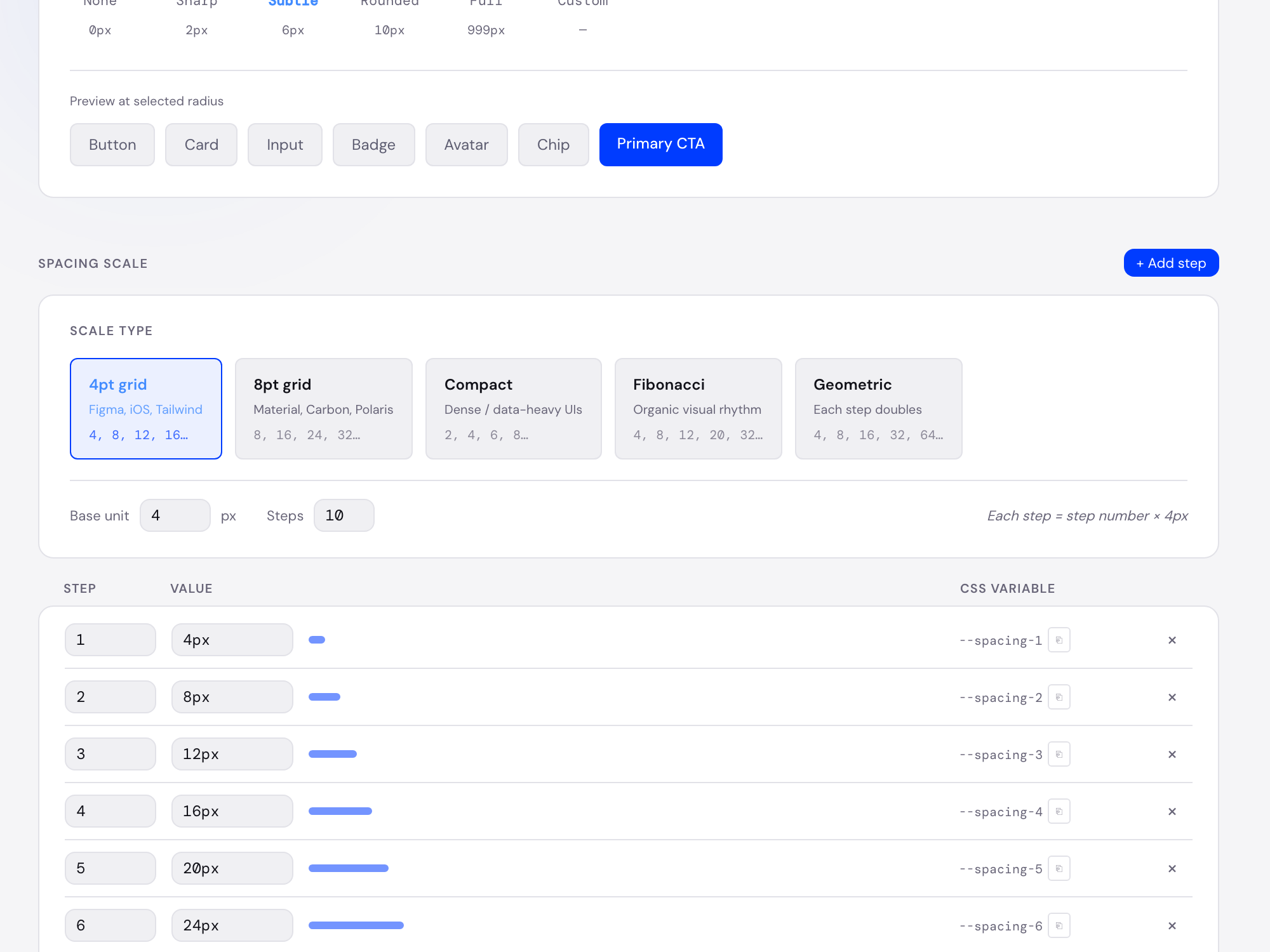 BeeBlu spacing and radius editor with border radius options, scale types and spacing steps mapped to CSS variables.